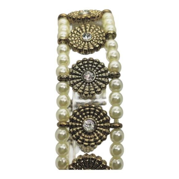 Stretchy Bohemian Pearl & Gold Tone Metal Bracelet Formal Jewelry Bridal Party - Picture 3 of 5